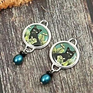 Black Cat Dragonfly Earrings Nature Boho Dangle Teal Bead Animal Lover Earrings